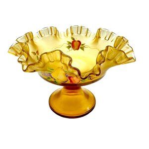 Vtg Hand Painted Signed Fenton Candy Dish Amber Florals Fruits No Flaws